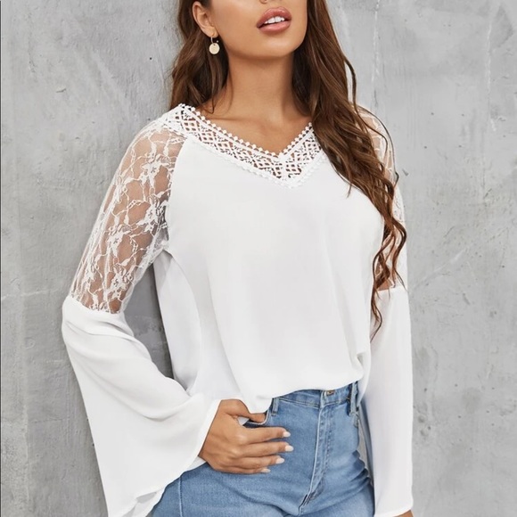 Boho white  lace insert V neck blouse - Picture 8 of 16